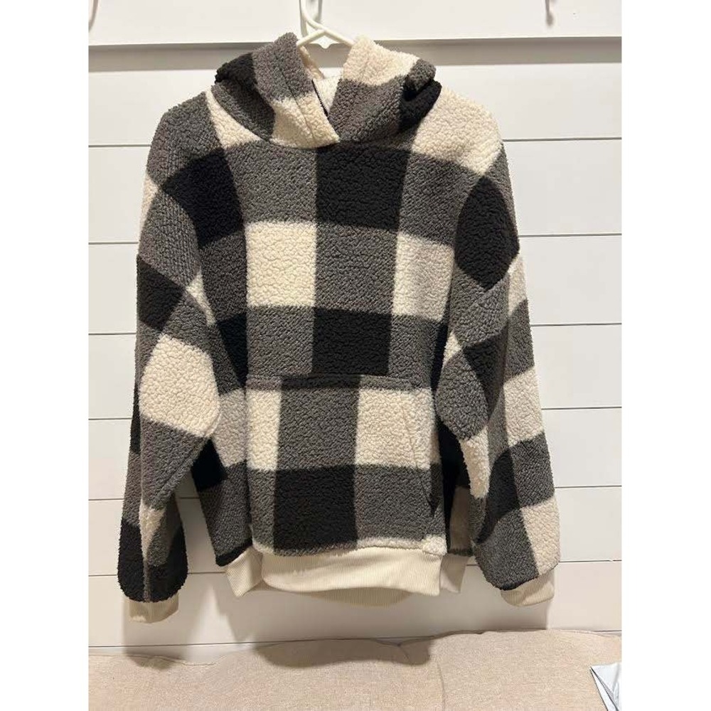 American Eagle Buffalo Plaid Sherpa Hoodie Black Grey White Fleece Large